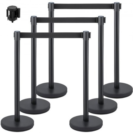 Crowd Control Stanchion, Set of 6 Pieces Stanchion Set, Stanchion Set with 6.6 ft/2 m Black Retractable Belt, Black Crowd