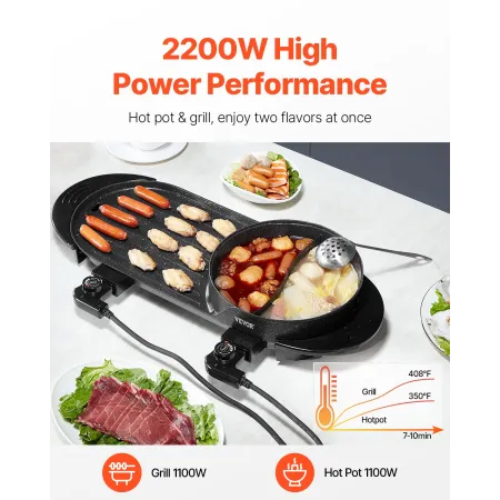 Varm gryde med grill 2200W 2-i-1 elektrisk røgfri grill og varm