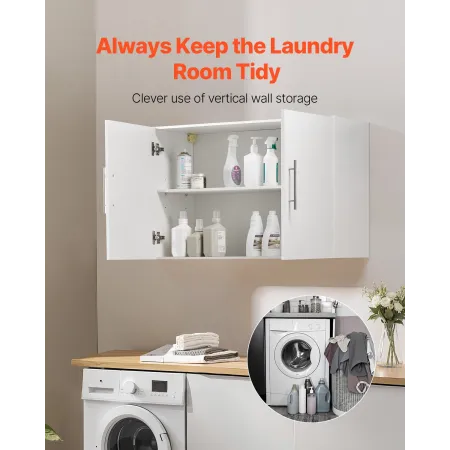 Laundry Room Wall Cabinet, 2-Tier Wall Mounted Hanging Cabinet with 2 Doors, Cupboard Organizer with Adjustable Shelf, for Bathr