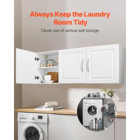 Laundry Room Wall Cabinet, 2-Tier Wall Mounted Hanging Cabinet with 3 Doors, Cupboard Organizer with Adjustable Shelf, for Kitch