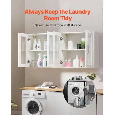Laundry Room Wall Cabinet, 2-Tier Wall Mounted Cabinet with 4 Doors, Cupboard Organizer with Adjustable Shelf, for Kitchen, Gara