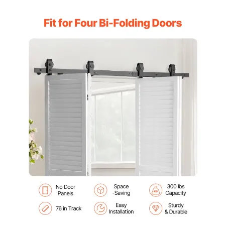 Bi-Folding Sliding Barn Door Hardware Track Kit, 76" Top Mount Track Kit, Slide Smoothly & Quietly, Heavy Duty, Easy to Install,