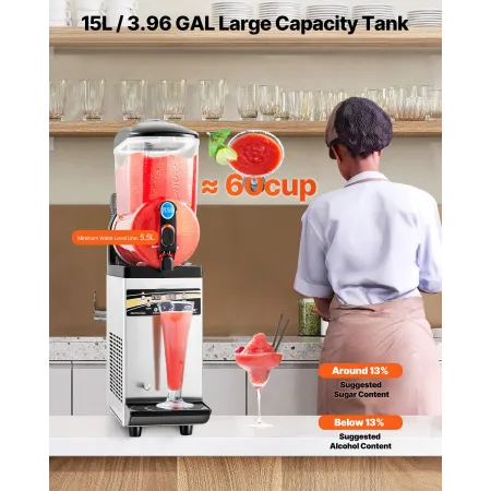 Commercial Frozen Drink Maker, 15L Single Tank Slushy Machine, 60 Cups Stainless Steel Margarita Smoothie Frozen Drink Machine, 