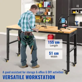 Workbench Adjustable Height, 155 x 51 cm Garage Table w/ 80 â€“ 105 cm Heights & 720KG Capacity, with Power Outlets & Hardwood