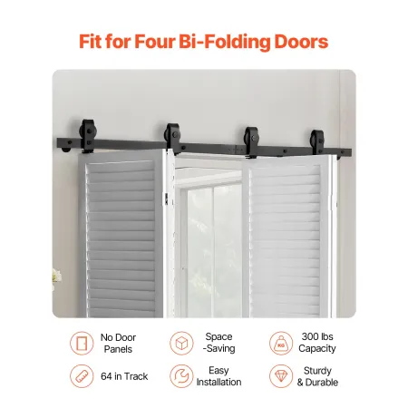 Bi-Folding Sliding Barn Door Hardware Track Kit, 64" Top Mount Track Kit, Slide Smoothly & Quietly, Heavy Duty, Easy to Install,