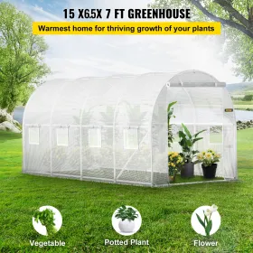 Walk-in Tunnel Greenhouse, 15 x 6.5 x 7 ft Portable Plant Hot House w/ Galvanized Steel Hoops, 1 Top Beam, 2  x Diagonal Poles,
