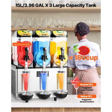 Commercial Frozen Drink Maker, 15Lx3 Triple Tank Slushy Machine, 180 Cups Stainless Steel Margarita Smoothie Frozen Drink Machin