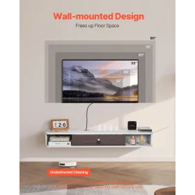 Floating TV Stand 47 in Entertainment Center Power with Cable Hole White