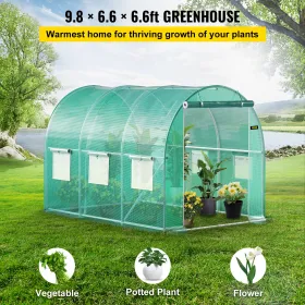 Walk-in Tunnel Greenhouse, 10 x 7 x 7 ft Portable Plant Hot House w/ Galvanized Steel Hoops, 1 Top Beam, Diagonal Poles,