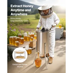 Honey Extractor, 2 Frame Manual Honey Spinner with Transparent Lid, Stainless Steel Honeycomb Drum Spinner with Height Adjustabl