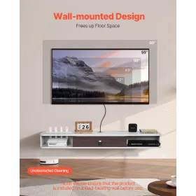 Floating TV Stand 55 in Entertainment Center Power with Cable Hole White