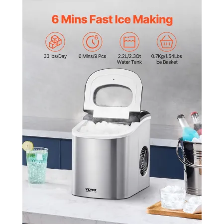 Countertop Ice Maker, 9 Cubes Ready in 6 Mins, 33lbs in 24Hrs, Self-Cleaning Portable Ice Maker with Ice Scoop and Basket, Ice M
