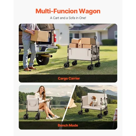 Collapsible Folding Wagon, 550lb Load & 220L, 2 in 1 Foldable Wagon Cart Converts to Bench, Utility Wagon with Adjustable Handle
