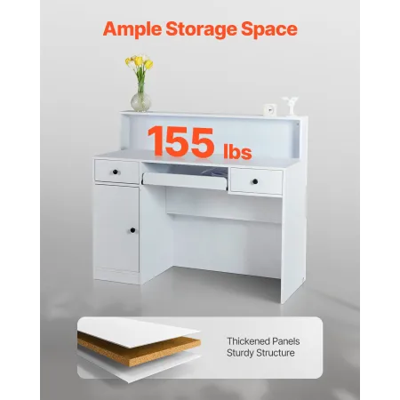 Reception Desk, 47.24 x 18.7 x 39.37 in Rectangular Front Counter Table, Office Reception Desk with LED Light, 2 Drawers and Pow