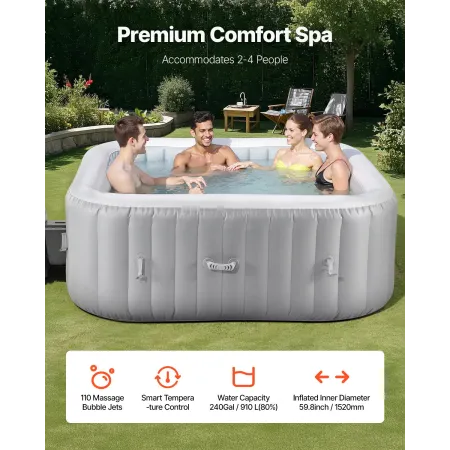 Inflatable Hot Tub, 4 to 6 Person Capacity, 1850 x 660mm Square Portable Outdoor Spa, with 130 Soothing Jets, Filter, Cover and 