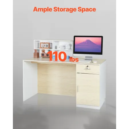 Reception Desk, 55.12 x 23.62 x 43.31 in Rectangular Front Counter Table, Office Reception Counter with Lockable Drawer and Stor