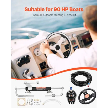 90HP Hydraulic Outboard Steering Kit, Marine Boat Hydraulic Steering System with 13.5-inch Steering Wheel, Helm Pump, Hydraulic 
