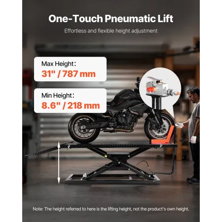 Motorcycle Lift Table, 1500lbs Weight Capacity, Pneumatic Motorcycle Jack, 8.6-31 in Height Range, Heavy Duty Bike Repair Stand 