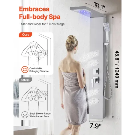 Shower Panel Tower System with Rainfall Waterfall Shower Head, LED, 53 in Brushed Stainless Steel Shower Column, 5-Function Fauc