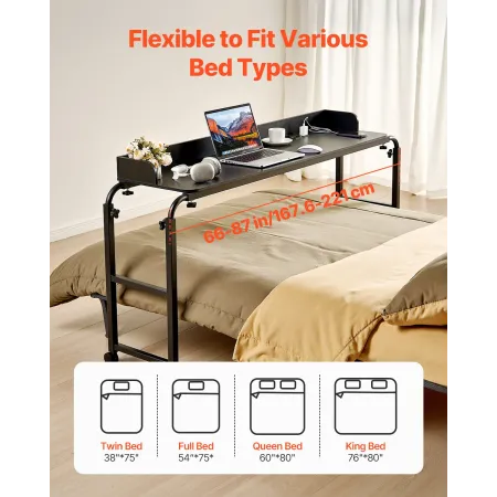 Overbed Table, Mobile Bed Side Table with 4 Wheels (2 with Brakes) and Power Socket, Height Adjustable Rolling Laptop Desk, Port