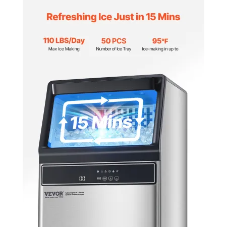 Commercial Ice Maker Machine, 110lbs/24H Ice Maker Machine with 33lbs Storage Capacity, 50 Ice Cubes in 15 Minutes, LED Digital 