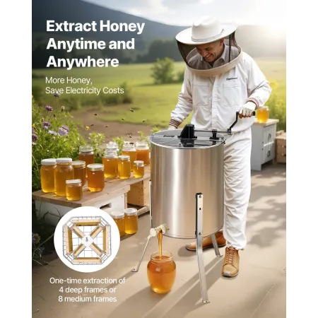 Honey Extractor, 4/8 Frame Manual Honey Spinner with Transparent Lid, Stainless Steel Honeycomb Drum Spinner with Height Adjusta