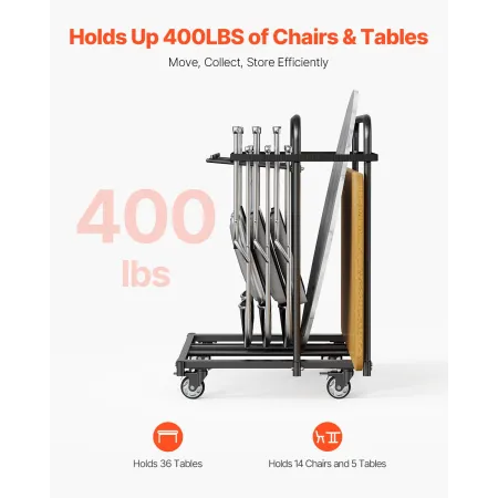 Folding Chair Rack, 400 LBS Capacity, Heavy-duty Chair Cart for 5 Tables+14 Chairs, Chair Storage Dolly Chair Holder w/ Swivel C