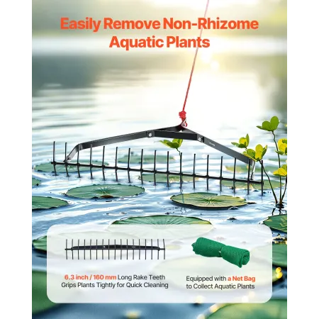 32 in Aquatic Weed Rake, 6.3 in Double Sided Lake Weed Rake, Lightweight Pond Weeds Cutter with 30ft Rope, No Assembly Required,