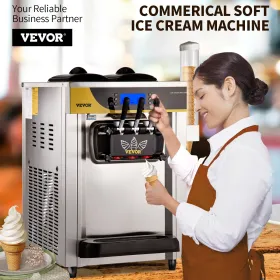 Commercial Ice Cream Maker, 22-30L/H Yield, 2200W Countertop Soft Serve Machine w/ 2x6L Hopper 2L Cylinder LCD Panel Puffing