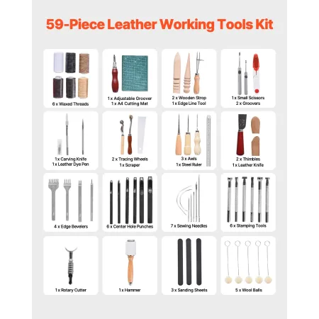 Leather Working Tools Kit, 59 PCS Leather Craft Tools with Portable Canvas Storage Bag, Engraving Punching Sewing Stamping Sandi