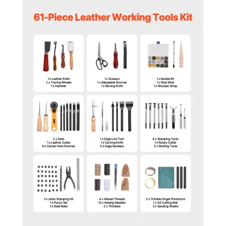 Leather Working Tools Kit, 61 PCS Leather Craft Tools with Portable Canvas Storage Bag, Engraving Punching Sewing Stamping Sandi