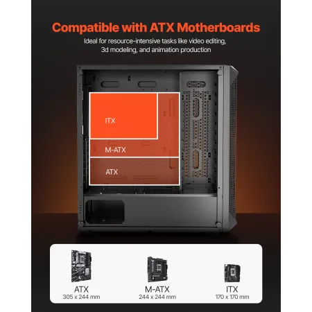 PC Gaming Case, Mid-Tower, Computer Case with High-Airflow Tempered Glass Panel, Dust Filter, 4 x 120 mm Fans, Cable Management,