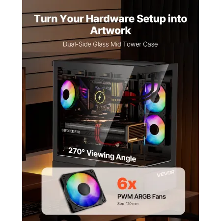 Mid-Tower ATX PC Gaming Case Computer Computer med 6 x 120 mm