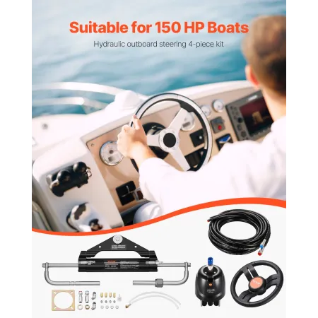 150HP Hydraulic Outboard Steering Kit, Marine Boat Hydraulic Steering System with 13.5-inch Steering Wheel, Helm Pump, Hydraulic