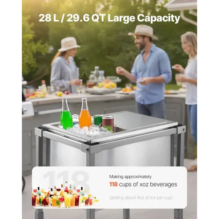 28L Rolling Ice Chest Cooler Cart Outdoor Stand Up Ice Bin on