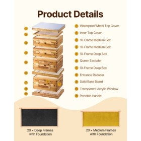 Bee Hive 40 Frame Bee Hives Starter Kit, Beeswax Coated Cedar Wood, 2 Deep + 2 Medium Bee Boxes Langstroth Beehive Kit,