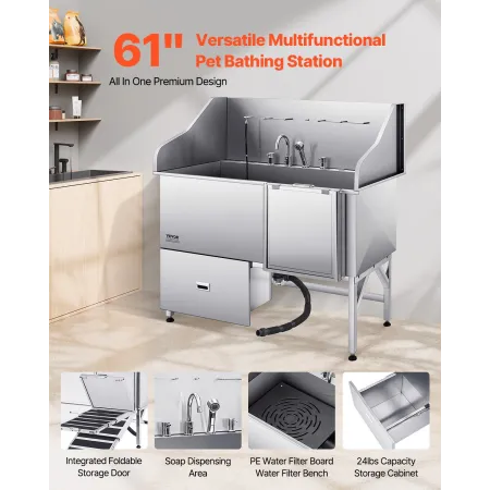 155 cm hundepleje badekar rustfrit stål w ramp vandfilter
