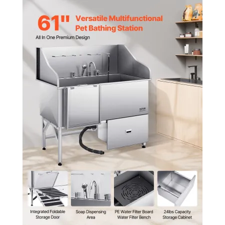 304 Stainless Steel Dog Washing Station, 154.9 cm Pet Grooming Tub with Non-Slip Low-Slope Ramp, Storage Drawer, Hot & Cold Fauc
