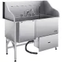 304 Stainless Steel Dog Washing Station, 154.9 cm Pet Grooming Tub with Non-Slip Low-Slope Ramp, Storage Drawer, Hot & Cold Fauc