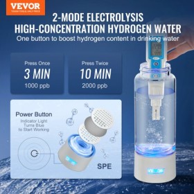 Hydrogen Water Bottle Generator, 380 ml / 13.4 oz Capacity Portable Hydrogen Water Maker, SPE Technology Hydrogen Rich Water