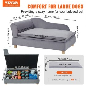Pet Sofa, Dog Couch for Large-Sized Dogs and Cats, Soft Velvety Dog Sofa Bed, 110 lbs Loading Cat Sofa, Grey