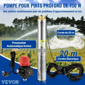 Deep Well Submersible Pump, 750W 230V/50Hz, 105L/min 62 m Head, 20 m Cord & Automatic Pressure Switch, 8.9 cm Stainless Steel