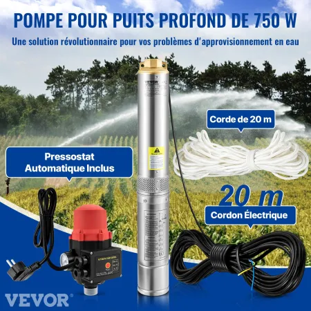 Deep Well Submersible Pump, 750W 230V/50Hz, 105L/min 62 m Head, 20 m Cord & Automatic Pressure Switch, 8.9 cm Stainless Steel Wa