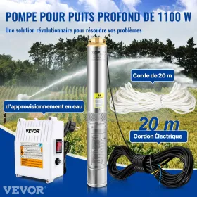 Deep Well Submersible Pump, 1100W 230V/50Hz, 190L/min 57 m Head, with 20 m Cord & External Control Box, 10.2 cm Stainless Steel