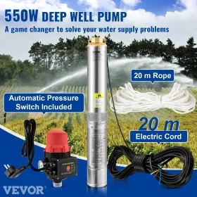 Deep Well Submersible Pump, 550W 230V/50Hz, 50L/min 89 m Head, 20 m Cord & Automatic Pressure Switch, 7.6 cm Stainless Steel
