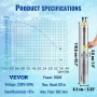 Deep Well Submersible Pump, 550W 230V/50Hz, 50L/min 89 m Head, 20 m Cord & Automatic Pressure Switch, 8.2 cm Stainless Steel Wat