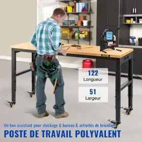 Arbejdsbænk justerbar højde, 122 cm W x 51 cm D x 104 cm H