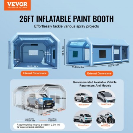 Inflatable Paint Booth, 26.2 x 14.8 x 9.8 ft Inflatable Spray Booth, with 950W+750W Powerful Blowers and Air Filter System,
