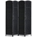 4 Panel Room Divider Hand-Woven Folding Privacy Screen with Hinges Black