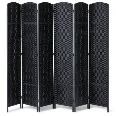 6 Panel Room Divider Hand-Woven Folding Privacy Screen med hængsler sort